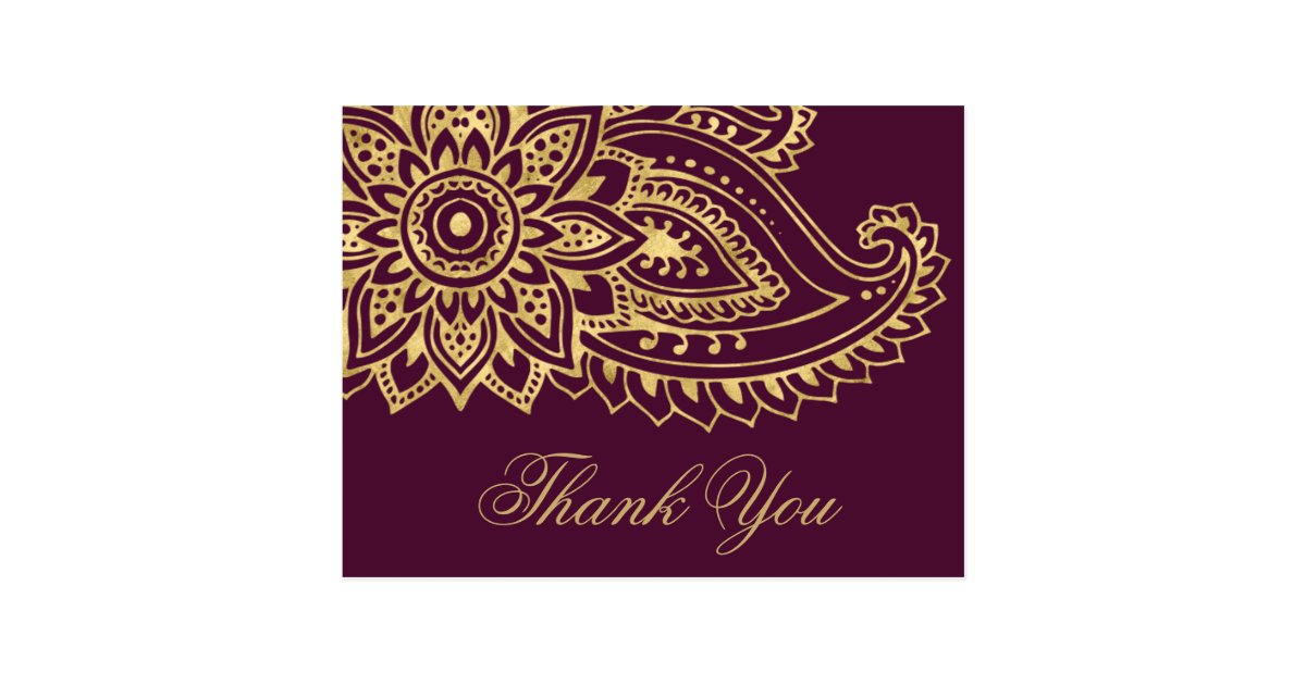 Gold Indian Paisley Wedding Thank You Postcard