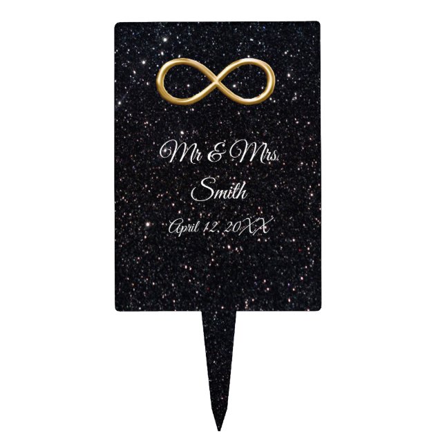 Gold Infinity Black Glitter Wedding Cake Topper (Front)