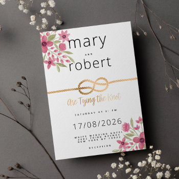 Gold Infinity Knot Script Pink Floral Wedding Invitation by kicksdesign at Zazzle