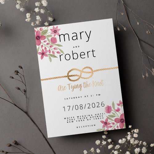 Gold infinity knot script pink floral wedding invitation