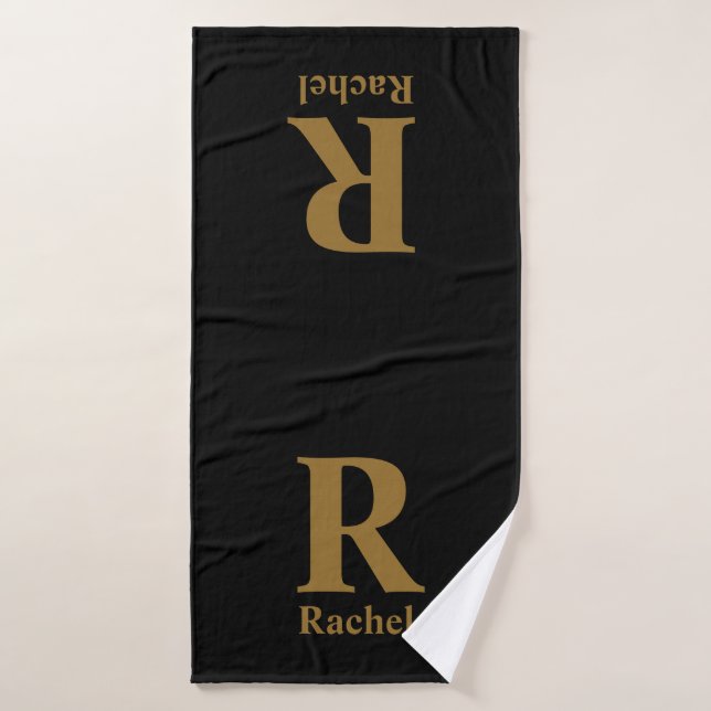 Gold Initial/First/Family Name On Black Bath Towel (Bath Towel)