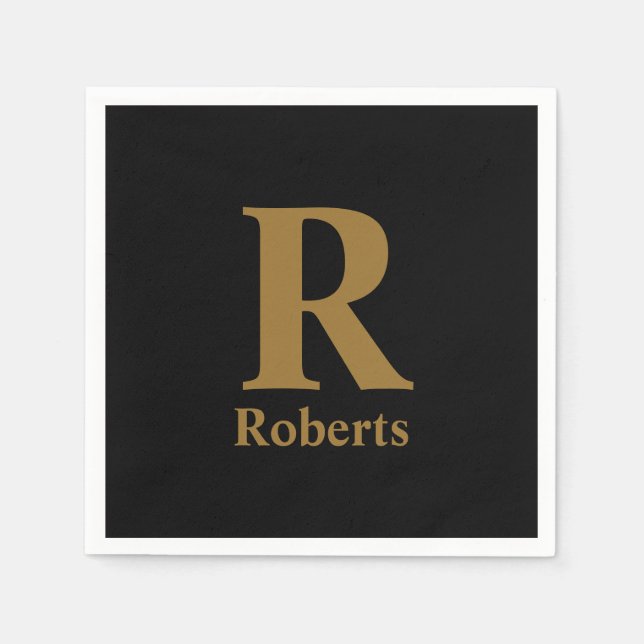 Gold Initial/First/Family Name On Black Napkins (Front)