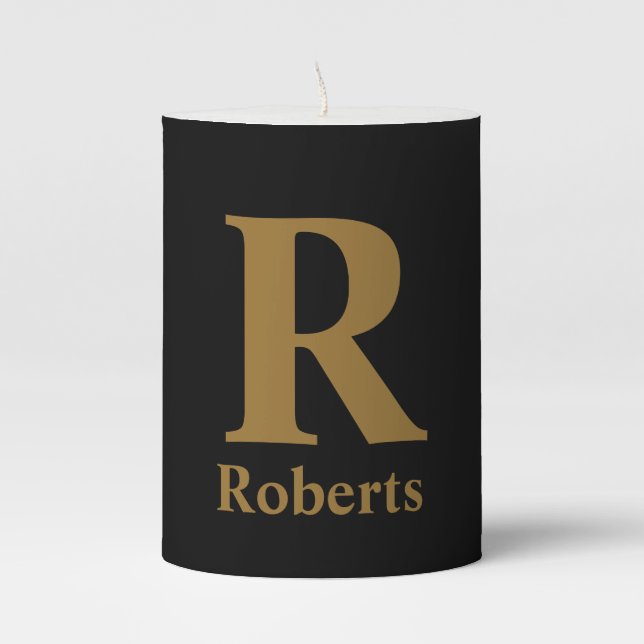 Gold Initial/First/Family Name On Black Pillar Candle (Front)