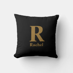 Gold Initial/First/Family Name On Black Throw Pillow