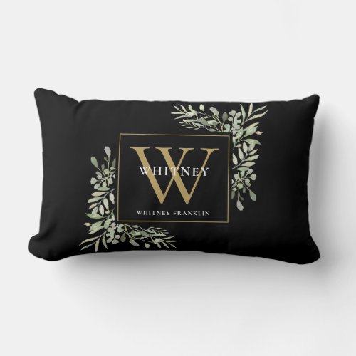 Gold Initial Monogram Modern Greenery Floral Black Lumbar Pillow