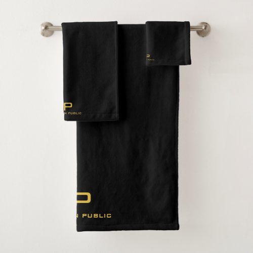Gold Initial Monogram Name Black Template Trendy Bath Towel Set