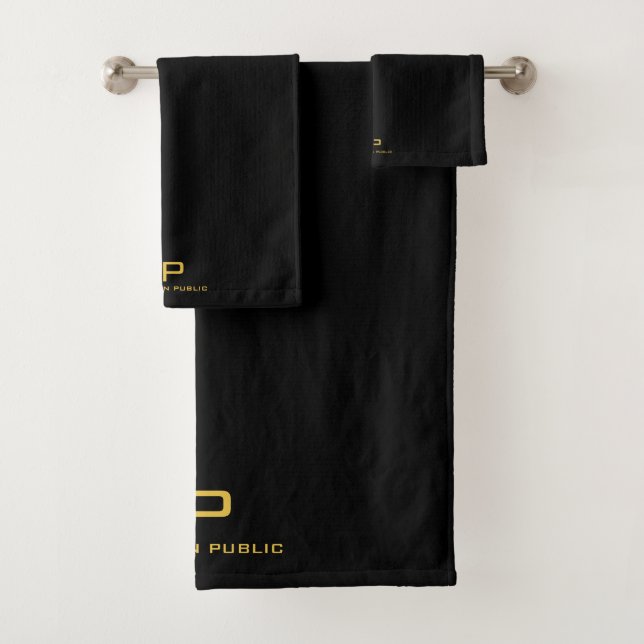Gold Initial Monogram Name Black Template Trendy Bath Towel Set (Insitu)