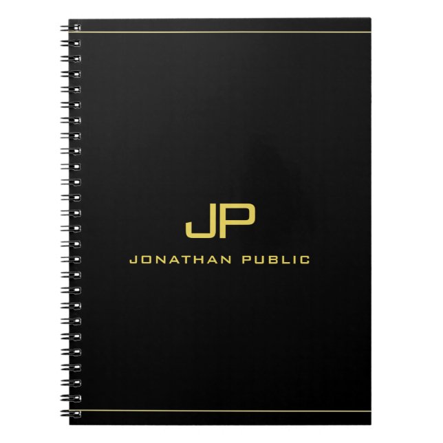 Gold Initial Monogram Template Professional Black Notebook (Front)