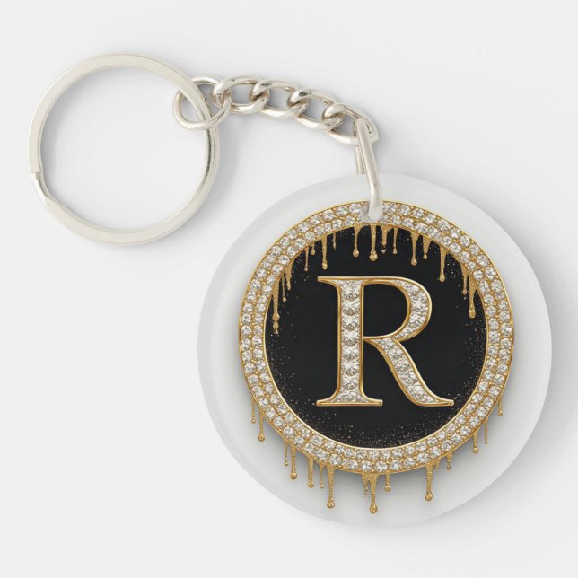 Gold Initial R Black Keepsake Keychain (Front)