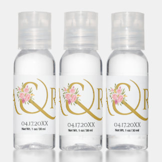 Gold initials, ampersand and pink roses wedding hand sanitizer