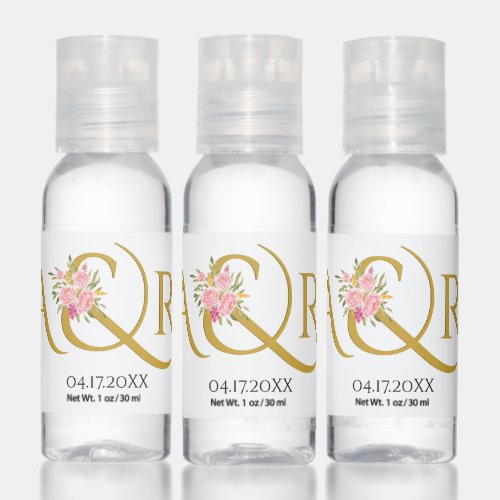 Gold initials ampersand and pink roses wedding hand sanitizer