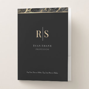Gold Initials Business Name, Black/Gold Marble Pocket Folder
