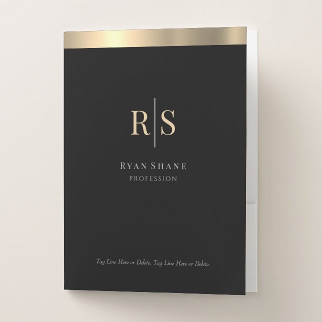 Gold Initials, Business Name, QR Code, Black/Grey Pocket Folder (Front)