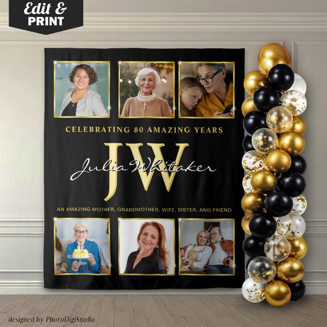 Gold Initials Custom Birthday Backdrop with Photo  (Custom 80th Birthday Backdrop, Birthday Party Decor Gold, Personalized Initials and Photo Tapestry)