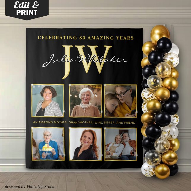 Gold Initials Custom Birthday Backdrop with Photo (Custom 80th Birthday Backdrop, Birthday Party Decor Gold, Personalized Initials and Photo Tapestry)