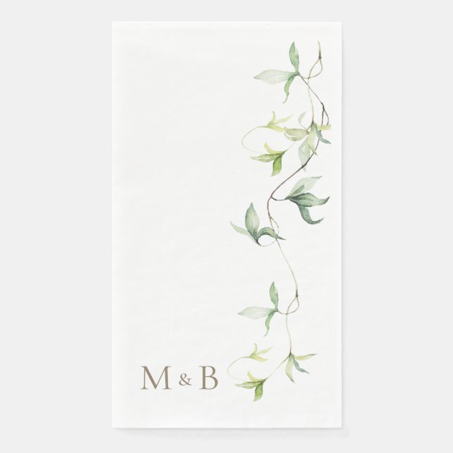 Gold Initials Foliage White Elegant Wedding  Paper Guest Towels (Front)
