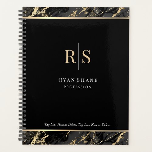 Gold Initials Name Black  Gold Marble Black Planner
