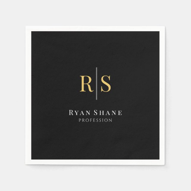 Gold Initials, Name, Profession, Black Napkins (Front)