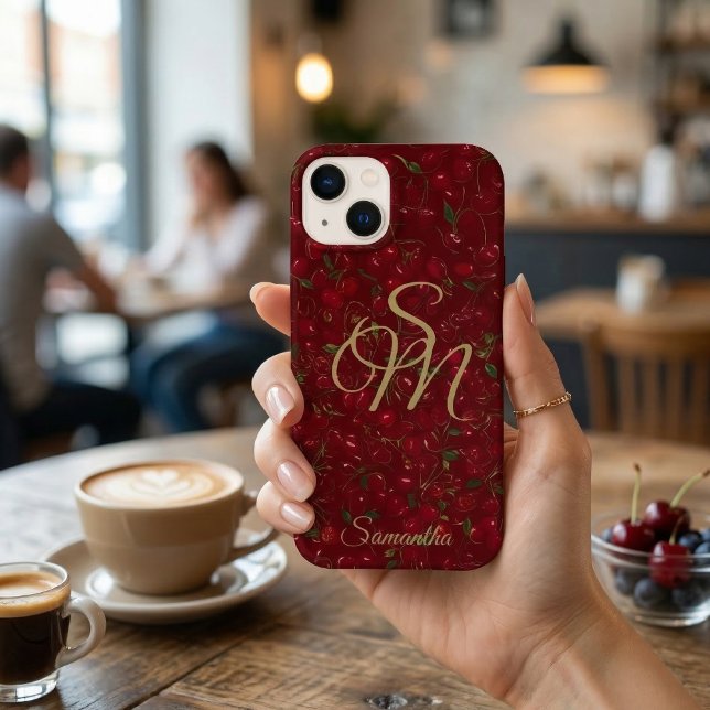 Gold Initials on Red Fruit: Cherry Monogram Case-Mate iPhone Case (Creator Uploaded)