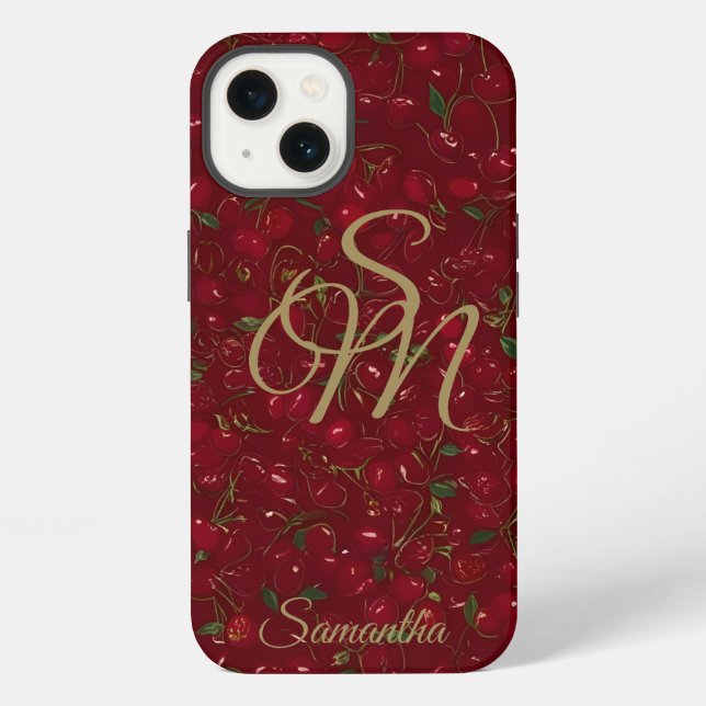 Gold Initials on Red Fruit: Cherry Monogram Iphone Case (Back)