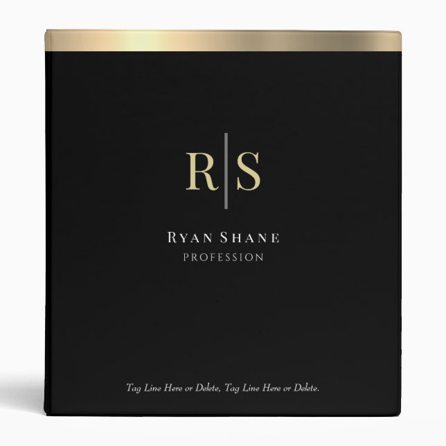 Gold Initials & Stripe, Profession, Black 3 Ring Binder (Front)