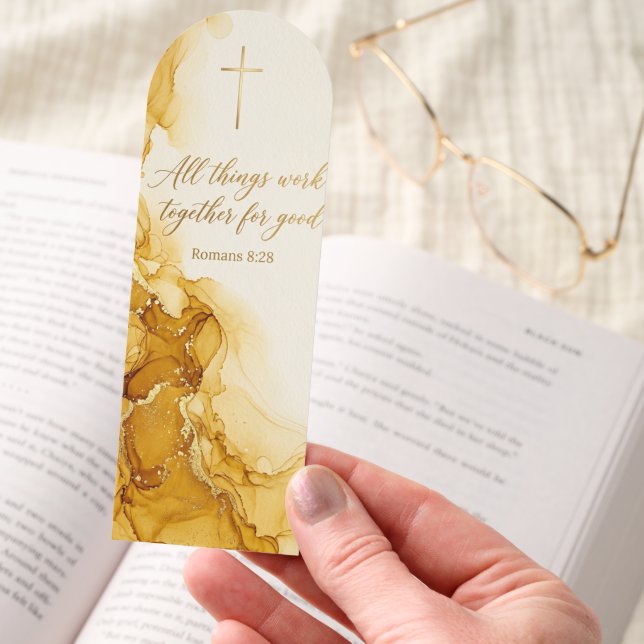 Gold Ink Romans 8:28 Bookmark - Bible Verse Gift (Hand)