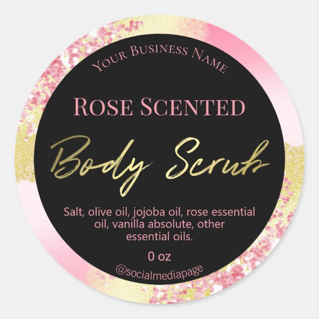 Gold Ink With Pink Glitter Body Scrub Labels (Front)