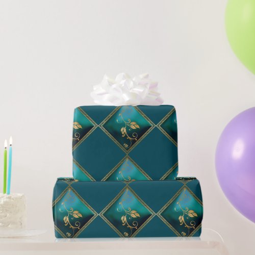 Gold Inlay on Blue_green Enamel with Lattice Frame Wrapping Paper