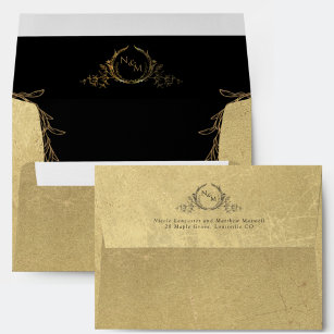 Gold, Inside Black, Elegant Monogram Wedding Envelope