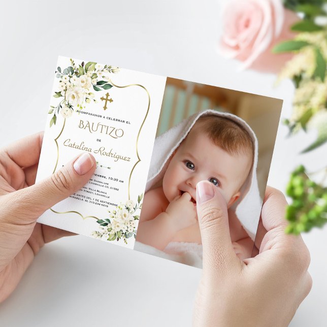 Gold Invitacion Bautizo Con flores Photo Baptism Invitation (baptism bautizo baby photo invitation gold white flowers)