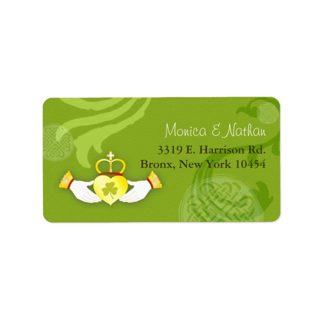 Gold Irish Claddagh Heart Green Wedding Address Label (Front)