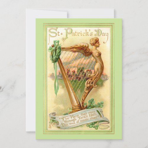 Gold Irish Harp Vintage St Patricks Day Holiday Card