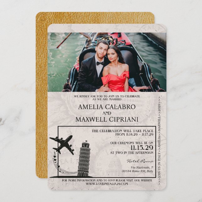 Gold Italy Passport Wedding Invitation (Front/Back)