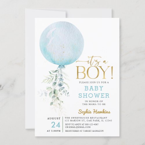 Gold Its A Boy Blue Balloon Baby Shower Invitation