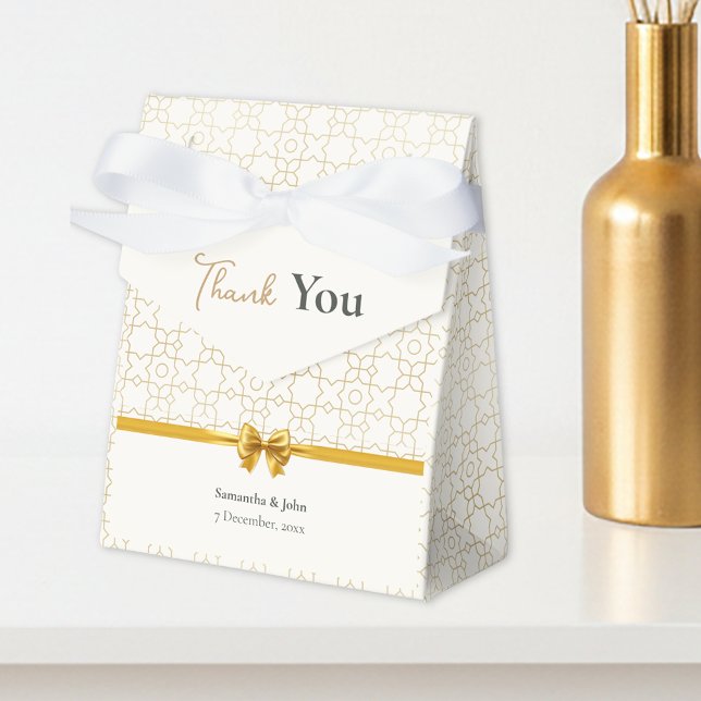 Gold & Ivory Art Deco Pattern with Bow Wedding Favor Boxes (Gold & Ivory Geometric Art Deco Wedding Favor Boxes)