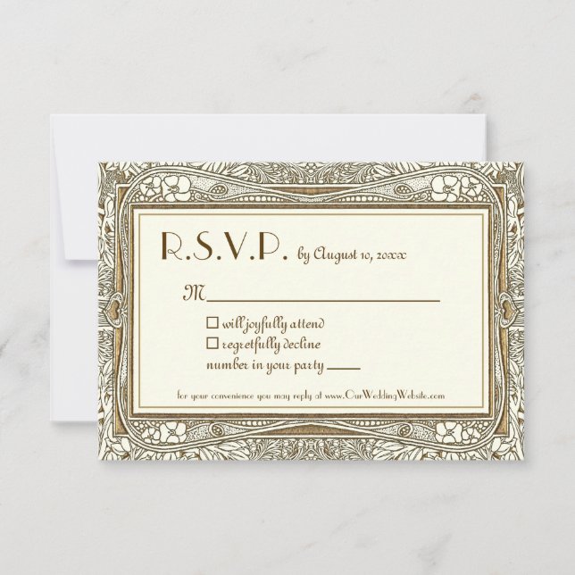 Gold Ivory Art Nouveau Elegant Wedding R.S.V.P. RSVP Card (Front)
