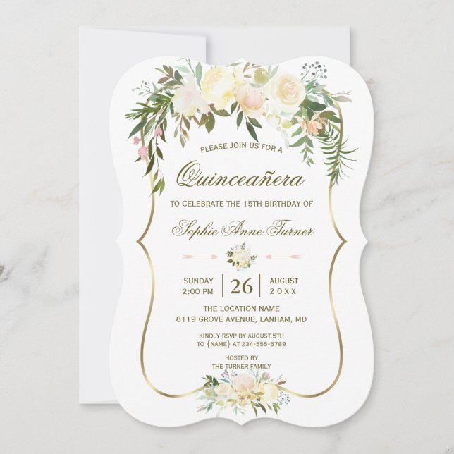 Gold Ivory Blush Floral Quinceañera Birthday Invitation (Front)