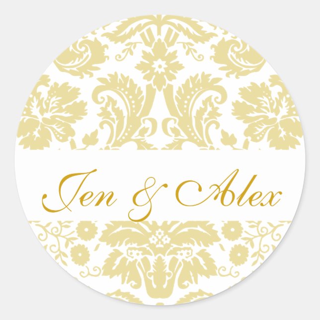 Gold Ivory Bride Groom Damask Wedding Seal Sticker (Front)