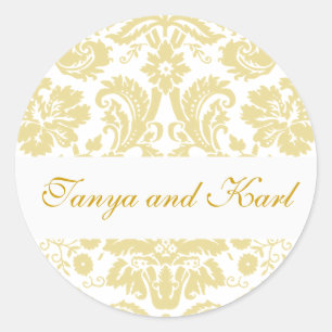 Gold Ivory Bride Groom Damask Wedding Seal Sticker