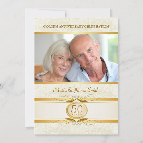Gold &amp; Ivory Damask 50th Anniversary Invitations