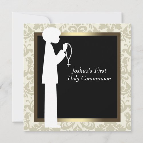 Gold Ivory Damask Rosary Boys First Communion Invite