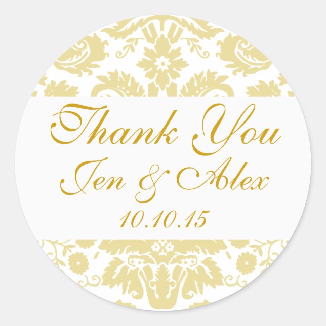 Gold Ivory Damask Wedding Favor Classic Round Sticker (Front)