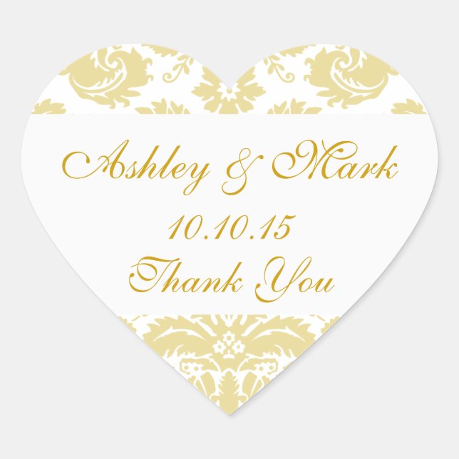 Gold Ivory Damask Wedding Favor Heart Sticker (Front)
