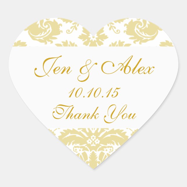 Gold Ivory Damask Wedding Favor Heart Sticker (Front)