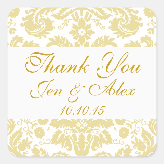 Gold Ivory Damask Wedding Favor Square Sticker (Front)