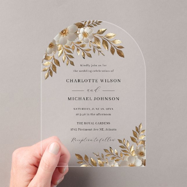 Gold Ivory Floral Bloom Acrylic Wedding  Invitations (Insitu (Handheld))