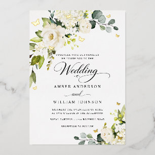 Gold Ivory Floral Butterfly Wedding Foil Invitation