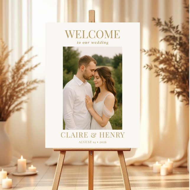 Gold Ivory Minimal Photo Wedding Welcome  Foam Board (Creator Uploaded)