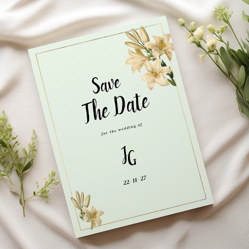 Gold ivory mint green lily flower Save The Date Invitation