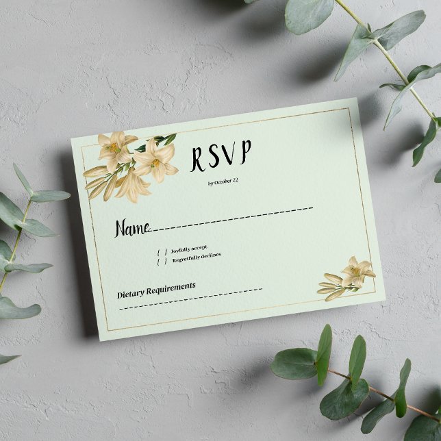 Gold ivory mint green white lily flower RSVP Invitation (Gold ivory mint green white lily flower RSVP)